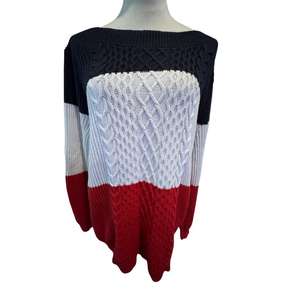 Tommy Hilfiger Cable Knit Color Block Sweater Blue White Red  Winter Pullover XL